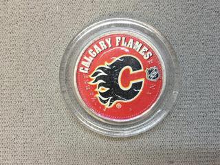 2005 Canada Twenty Five Cent Calgary Flames Printed Coin c/w Display Case.