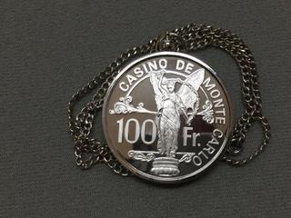 Casino De Monte Carlo 100 Francs Silver Pendant and Chain.