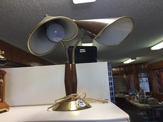 Double Bulb Adjustable Lamp, Wood & Brass.