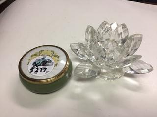 Glass Flower Candle Holder & Small Ceramic Bowl with Lid.