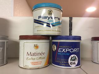 (1) Players Light, (1)Matinee Extra Mild, (1) Macdonald Export Medium Tobacco Cans.