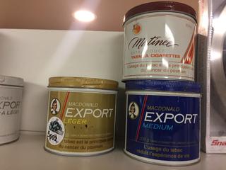 (1) Matinee Extra Mild, (1) Macdonald Export Extra Light, (1) Macdonald Export Medium Tobacco Cans.