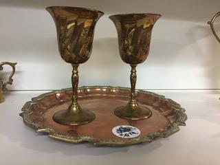 Brass Serving Platter & (2) Goblets.