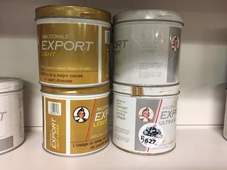 (2) Macdonald Export Light, (2) Macdonald Export Extra Light Tobacco Cans.