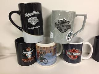 (4) Harley Davidson Mugs & (1) Christmas Mug.