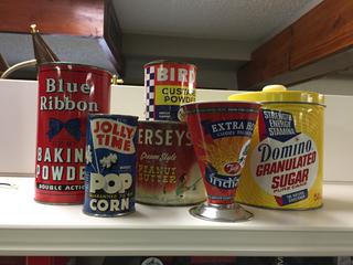 Assorted Vintage Cans & Extra Hot curry Measuring Tin.