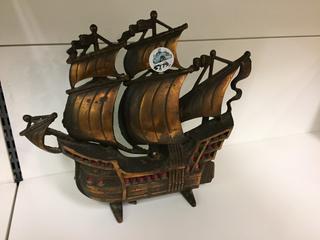 Cast Iron Light Up Ship Decoration, Wire Ripped Off.