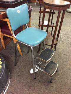 Blue Old Fashioned Chair & Step Stool.