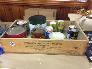 Wooden Box with assorted Old Tins/Cans.