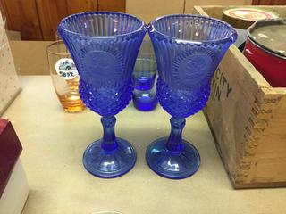 (2) Blue Wine Glasses With Queen and King Heads.