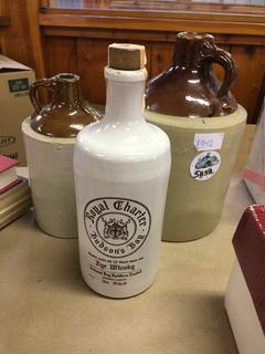 (2) Ceramic Jugs & 1978 Royal Charter Hudson's Bay Rye Whiskey Bottle.