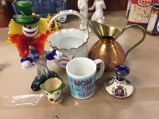 Assorted Decorations, Coffee Cup, Glass Clown & Pot.