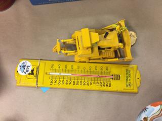 Cat Loader Toy & 1970's Metal John Deere Temperature Gauge.