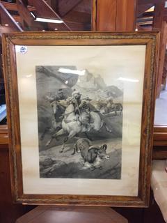 Mountain Hunter Drawing Artwork, 31" x 37 1/2", Damaged Frame.