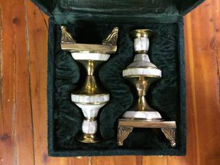 (2) Brass & Mother of Pearl Candle Holders, Made in India, In Case.