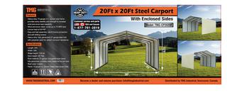 2020 Unused 20Ft x 20Ft All-Steel Carport w/Enclosed Sides c/w 10ft Eave Height. SKU # TMG-CP2020F.