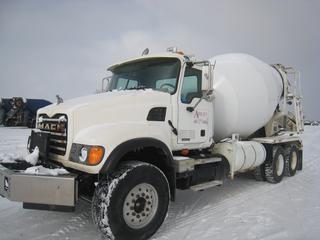 2006 Mack Granite T/A Cement Truck c/w Mack 335 HP, Maxitorque 12 Spd, A/C, Diff Locks, CBMW Mixers Drum Volume 474 Cubic Ft., Mixer Capacity 10.5 Cubic Yards, Agitating Capacity 11.75 Cubic Yards, Water Tank Capacity 150 Gallons. (Mixer S/N 90B602 67654) 425 65 22.5 Front, 11 22.5 Rear Tires. Showing 86,435 Miles and 5998 Hours S/N 1M2AG11C06M045919. Current Safety