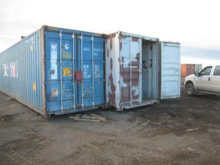 Three Can Portable Shop. Left & Right 40' Seacan, Center 45' Seacan Interlocking Shop, Sitting on (3) 24' 6" I-Beams c/w Dust Collecting System, Overhead Crane, Wood Stove, (2) Bolt Bins, Welding Table w/8" Vise, Paint Both/Sandblasting Booth w/Fan, (3) Tool Cabinets, (2) Entrances. # WHLU 5041180, WHLU 5046999 &* L5G1 8738340. Note:  Seacans come apart for transport.