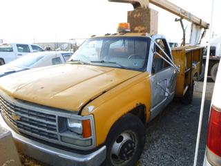 1997 Chevrolet Cheyenne C/w 5.7L, A/T, A-TEL 34FB Man Basket Truck, Beacons, Storage Cabinet And Tire Chains. Showing 104,875kms. VIN 1GBJC34K2VF232927 *Note: Running Condition Unknown, Buyer Responsible For Load Out*
