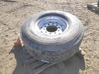 (1) Dyna Trac WV-100 Tractor Trailer Tire and Rim, 445/65R22.5, 10 Stud, 90% Life (ROW 1)