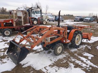 Kubota B1600 Tractor c/w 41 In. Bucket and 54 In. Rotor Tiller Attachment, Showing 795 Hours *Note: Running Condition Unknown* (E. Fence)
