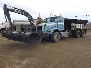 2002 Freightliner Plow and Sander/Salter c/w CAT C-12 Diesel, 410 HP, 13 Speed Eaton Fuller, Showing 543,170 Kms, 1,550 Hours, A/C, Hydraulic Controlled Blade Hoist, GVWR 58,000 LB, 385/65R22.5 Front Tires At 60%, 11R22.5 Rear Tires, Front Axle Rating 18,000 LB, Rear Axle Rating 40,000 LB, VIN 1FVHAEAS92PJ26028. *NOTE: Clutch Sticks*