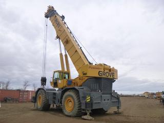 1982 Grove RT-980 Rough Terrain Crane 80 Ton c/w Swing Away Jib, Crane Smart System, Loadwise 610 Meter, 6 Cyl, Rooster Sheave, 6 Sheave Block, 36 Ft. - 114 Ft. 4 Sec Boom, Anti Two-Block, Aux Hyd, Hyd Outriggers, 33.25 x 35 Showing 3506 Hrs., S/N 48763