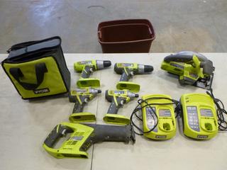 Ryobi Cordless Power Tools, 18 V, C/w (1)  5 1/2 In. Cordless Circular Saw, Model P503, (1) 2.36 Inc. Reciprocating Saw, (1) Impact, Model P232, (1) 1/2" Cordless Drill, Model P271, (1) 3/8 In. Cordless Drill, Model P205G, (1) Impact Driver, Model P234G, (2) 18 Volt Battery Charger (N-3-1) * NOTE: Battery Not Included*