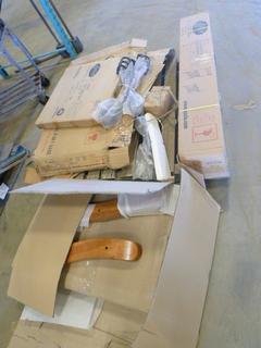 Assorted Furniture Pieces, C/w Chair Arms, Back Rest, 54 In. Bed Headboard and Footboard, Table Top, Metal Base Table *As Is, May Be Incomplete* (Row 4)