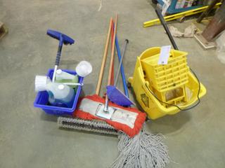 Assortment of Cleaning Supplies, Includes Brooms, Mop, Dust Pan, Bucket, Recycle Bin, Jug of Windex and More (R-3-1)