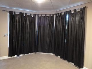Qty Of 86in X 41in  Pleather Black Out Curtains C/w 60in Curtain Rods, Hardware, Hooks And 75in Pleather Black Out Curtain **Note: Buyer Responsible For Load Out, Located Offsite For More Info Contact Shazeeda @780-721-4178**
