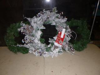 (1) 30 In. Snowtop Dazzle Battery Op LED Prelit Wreath with Timer, (2) 26 In. Mixed Pine Wreath (C2)