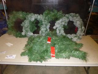 (2) 26 In. Flocked Wreath, (2) 26 In. Mixed Pine Wreath, (2) 9 Ft. Mixed Pine Garland (D1)