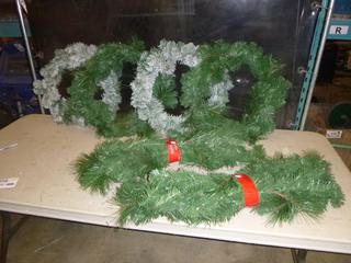 (2) 26 In. Flocked Wreath, (2) 26 In. Mixed Pine Wreath, (2) 9 Ft. Mixed Pine Garland (D1)