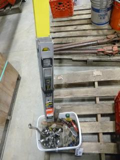 (1) 4 Ft Level, (2) 2 Ft Level, (1) Torpido Level, (1) Pully Set Puller, Qty of Wrenches in Bucket, Hammer, Allan Keys, Scrapers, Plyers (K-2-3)