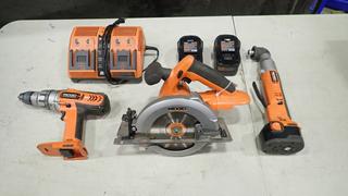 Ridgid Power Tools, Batteries and Charger; (1) Oscillating Tool Part R82233, (1) 1/2 In. Drill Part R841150, (1) 6.5 In. Circular Saw Part R845, (1) 9.6 V-18 V 2-port Battery Charger, (2) 18 V Battery and (1) 12 V Battery (B2)