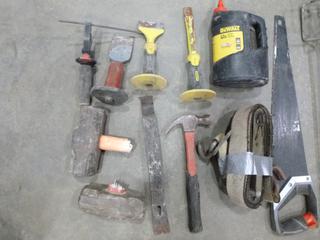 Qty of Chisels, Mixer, Chalk, Saw, 2" Tie Down, Epoxy Guns, Hammers