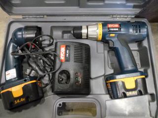 4" Bench Vice, Ryobi 14.4V 3/8" Cordless Drill, Charger, Flashlight *NOTE: Running Condition Unknown*