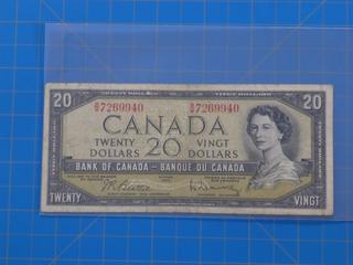 (1) 1954 Canadian- Bank of Canada $20.00 Bill, Modified Face