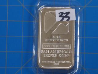 (1) Pan American Silver Corp. 1 oz. .999% Fine Silver Bar