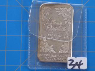 (1) 1982 National Merry Christmas. 1 oz. .999% Fine Silver Bar