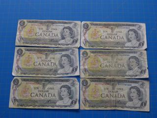 (6) 1973 Canadian - Bank of Canada $1.00 Bill