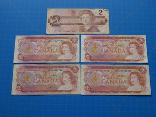 (5) Canadian - Bank of Canada $2.00 Bill, (4) 1974 and (1) 1986