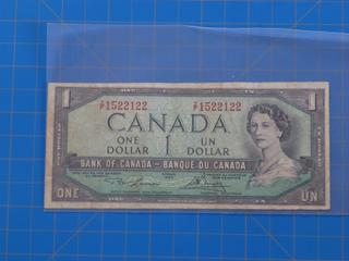 (1) 1954 Canadian - Bank of Canada $1.00 Bill, Modified Face