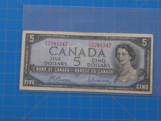 (1) 1954 Canadian - Bank of Canada $5.00 Bill, Modified Face