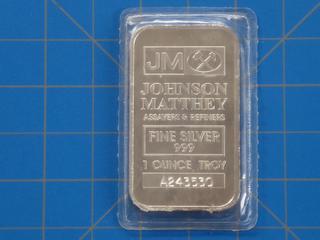 (1) Johnson Matthey 1 oz .999% Fine Silver Bar, Item A243530