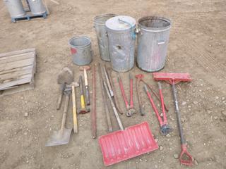 Assorted Chain Repair Pliers, Sledge Hammer, Pry Bars, Snow Shovel, etc. Inside (4) Steel Garbage Can  (Row 5)