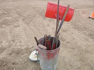 Assorted Tire Chain Repair Pliers, Sledge Hammer, Pry Bars, Snips, Snow Shovels, etc. Inside Steel Barrel