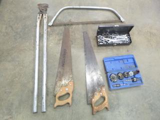 Assorted Hand Tools: Wrenches, Sockets, Hole Saw, Hand Saw, Cable Cutter (C-2)