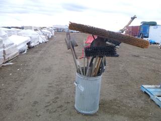 Assorted Shop Tools/Equipment inside Steel Garbage Can: Shop Brooms, Snow Shovels, Chain Repair Pliers, Sledge Hammers, etc. (Row 5)